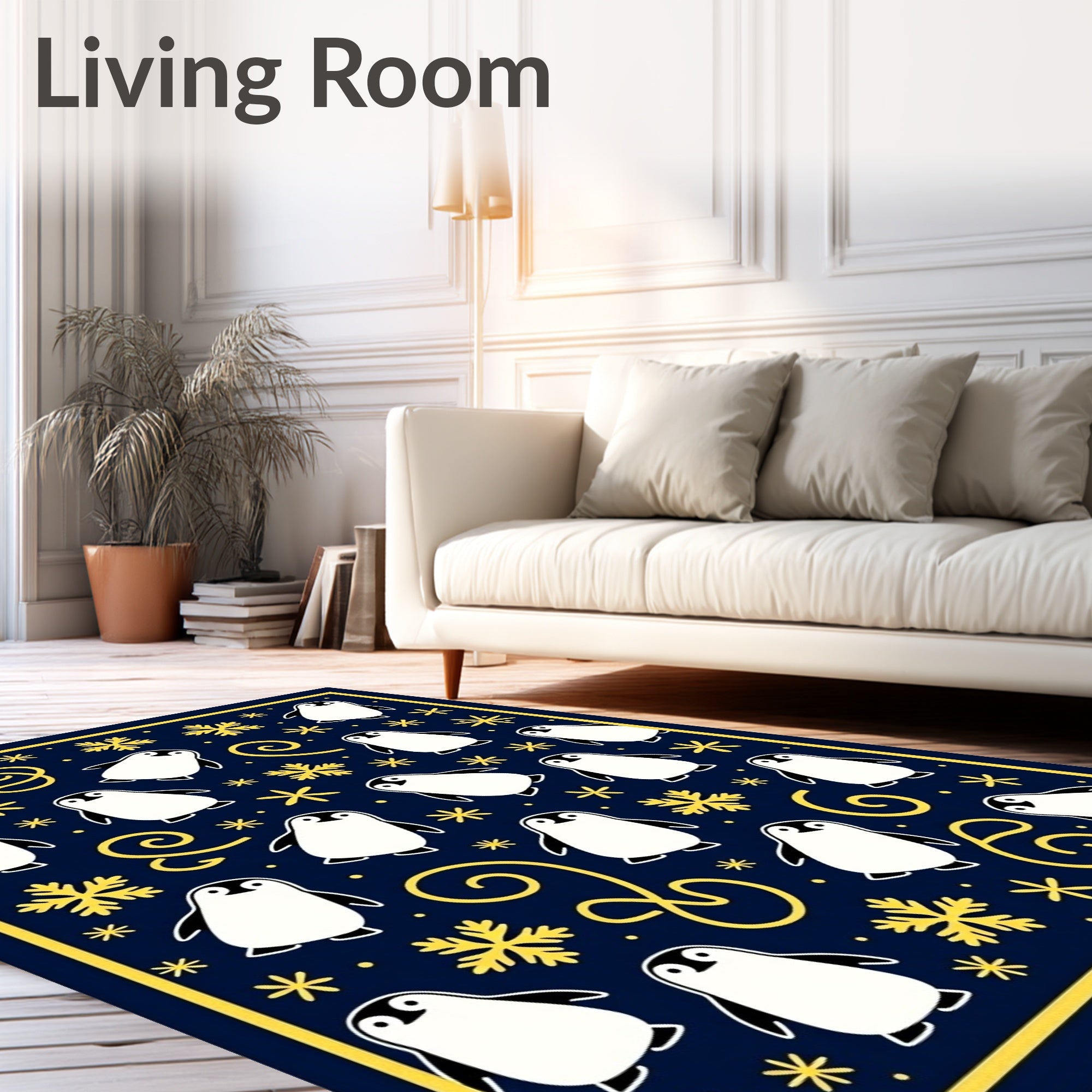 Navy Blue Penguin Snowflakes Whimsical Rug