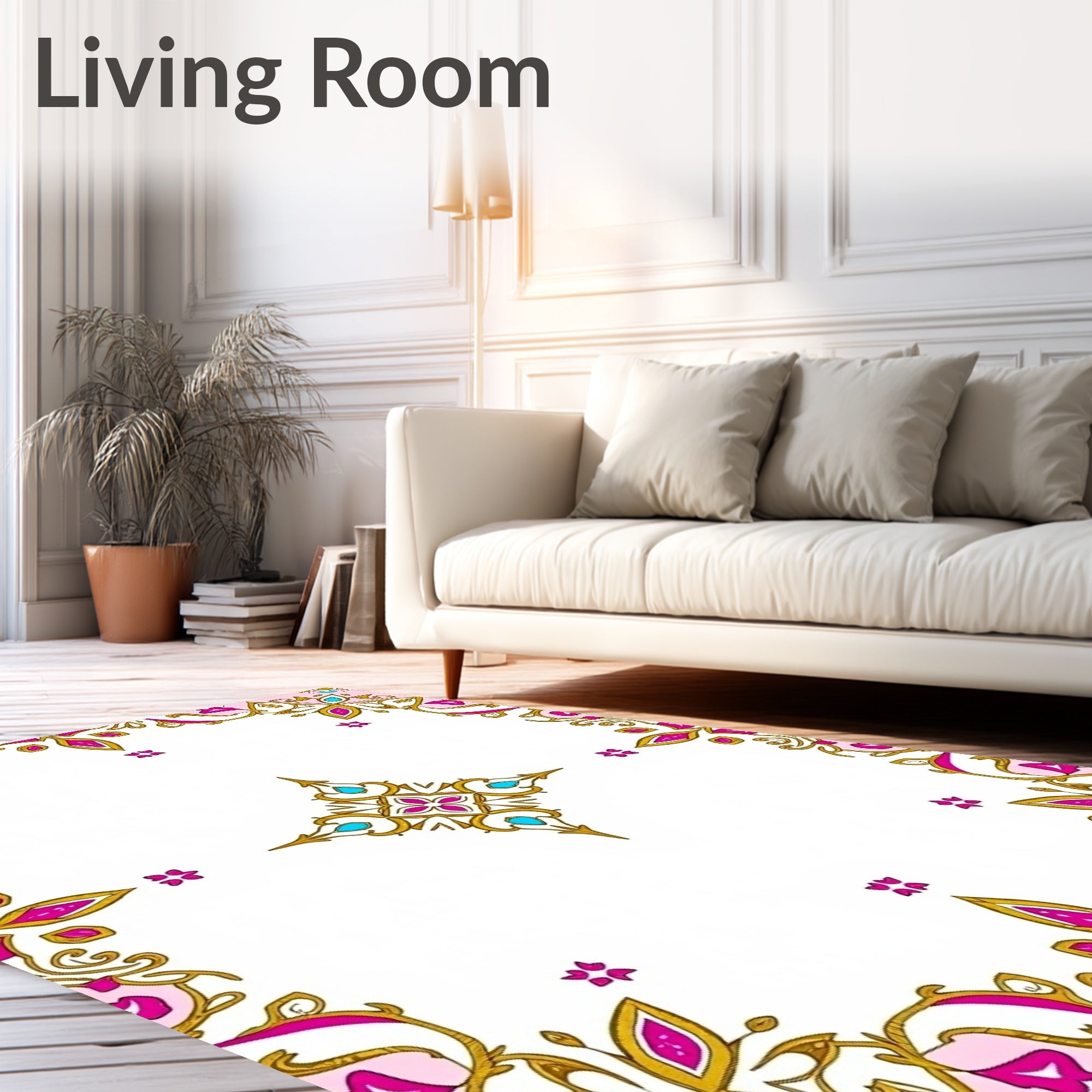 Ornate Pink Gold Teal Medallion Border Rug