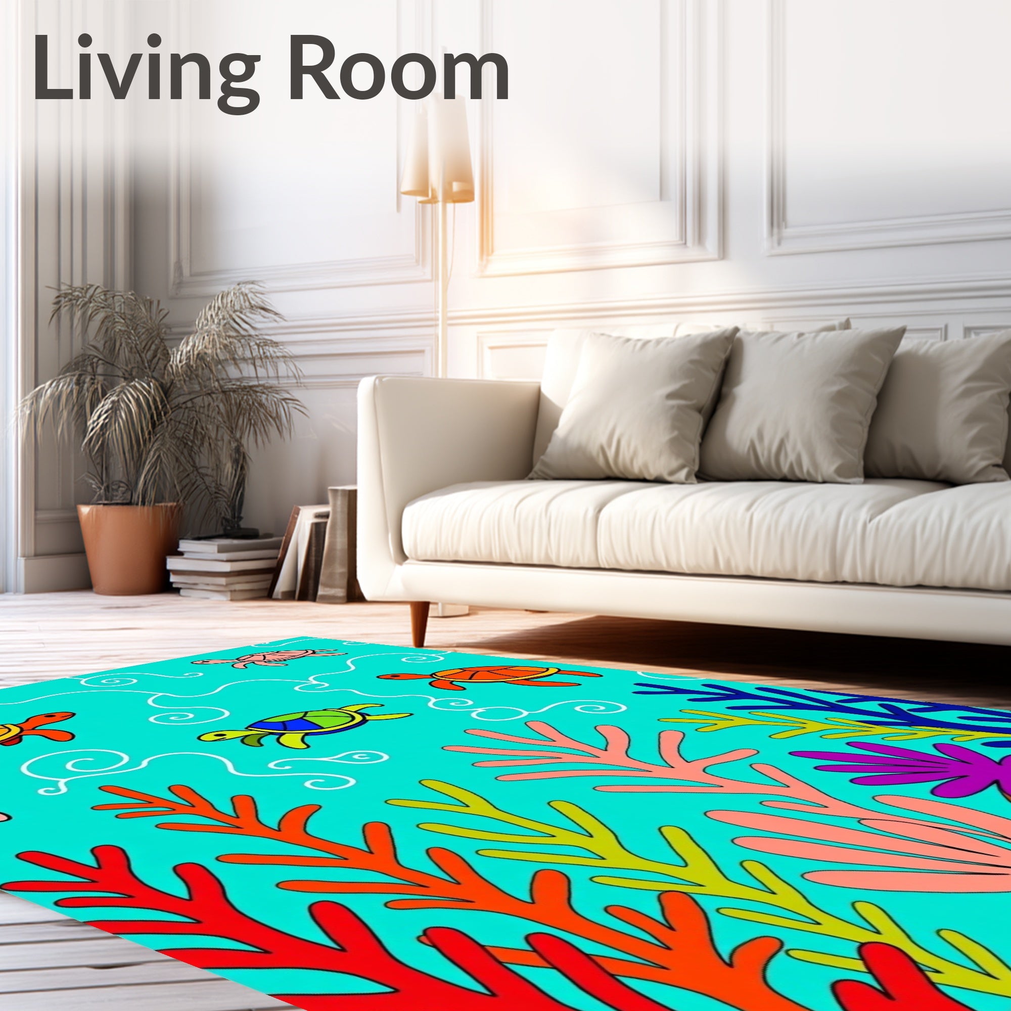 Vibrant Coral Reef Turtle Scene Rug