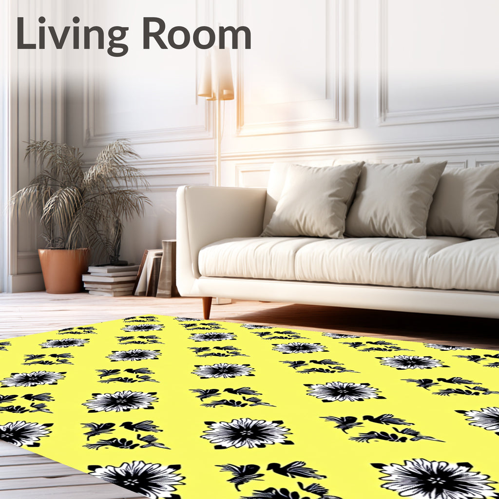 Yellow Black Floral Diamond Rug