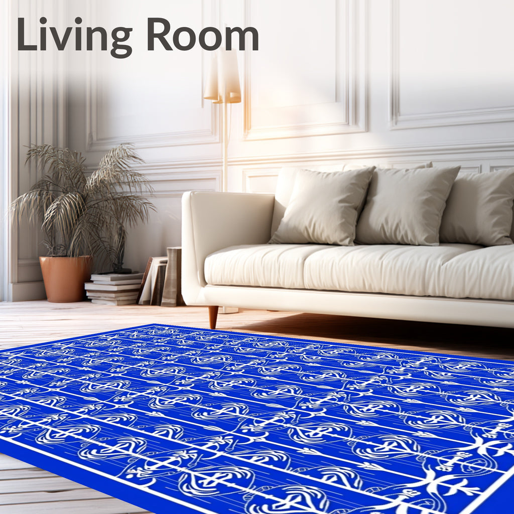 Majestic Blue White Ornamental Scroll Rug