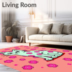 Whimsical Mint Cat Pink Floral Rug