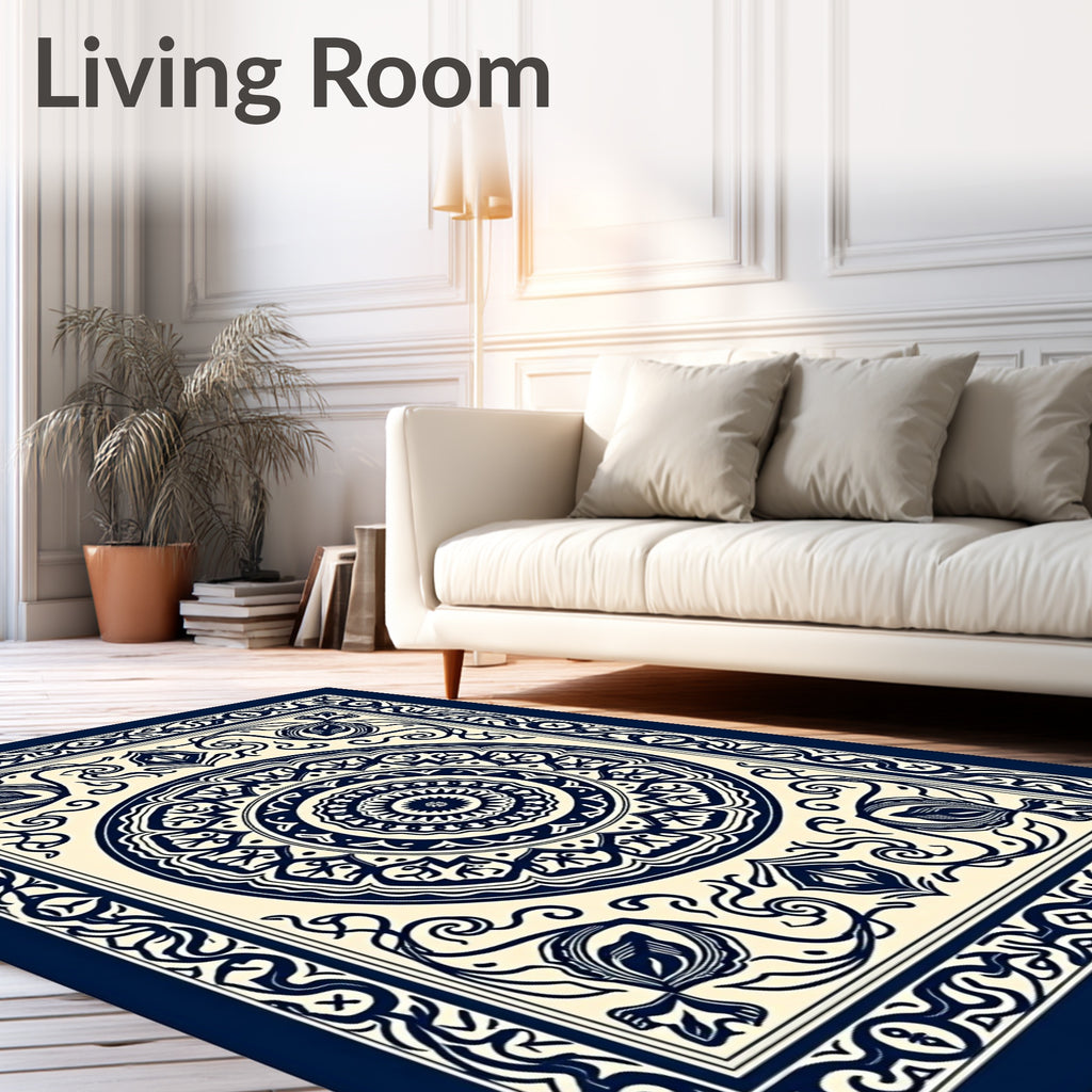 Navy Cream Floral Medallion Intricate Rug