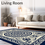 Navy Cream Floral Medallion Intricate Rug