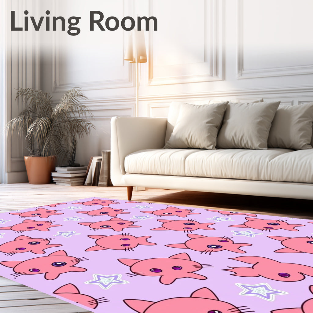 Pink Kawaii Kitty Star Sprinkle Rug