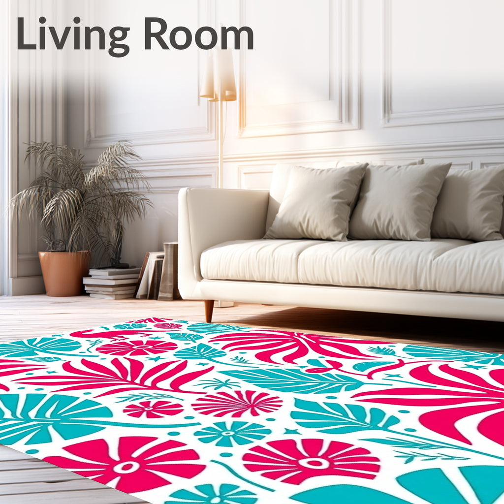 Bright Coral Teal Tropical Dino Flora Rug