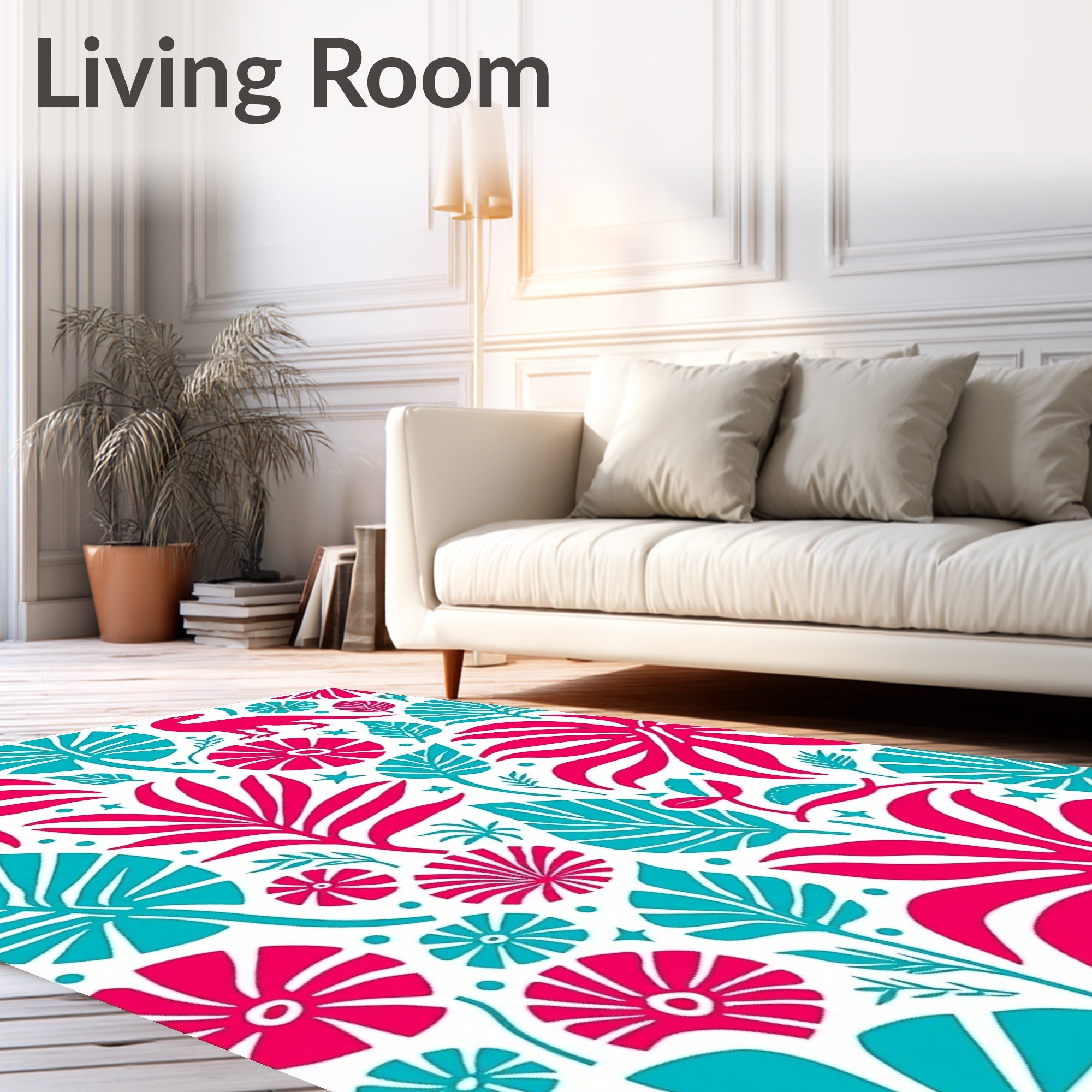 Bright Coral Teal Tropical Dino Flora Rug