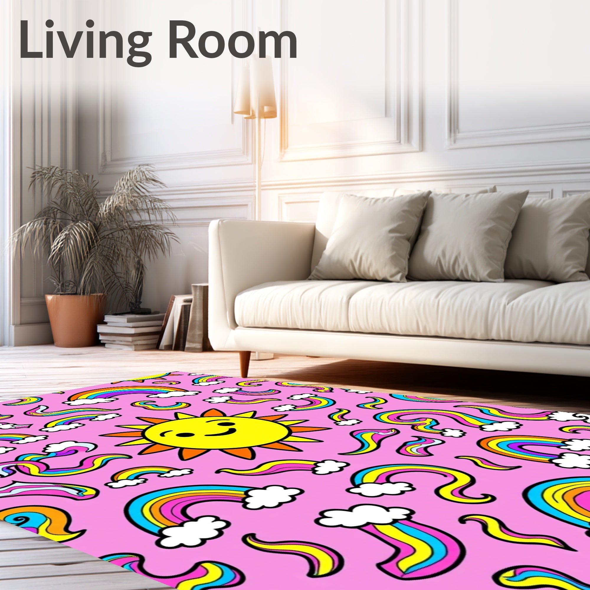 Vibrant Rainbow Sun And Clouds Rug