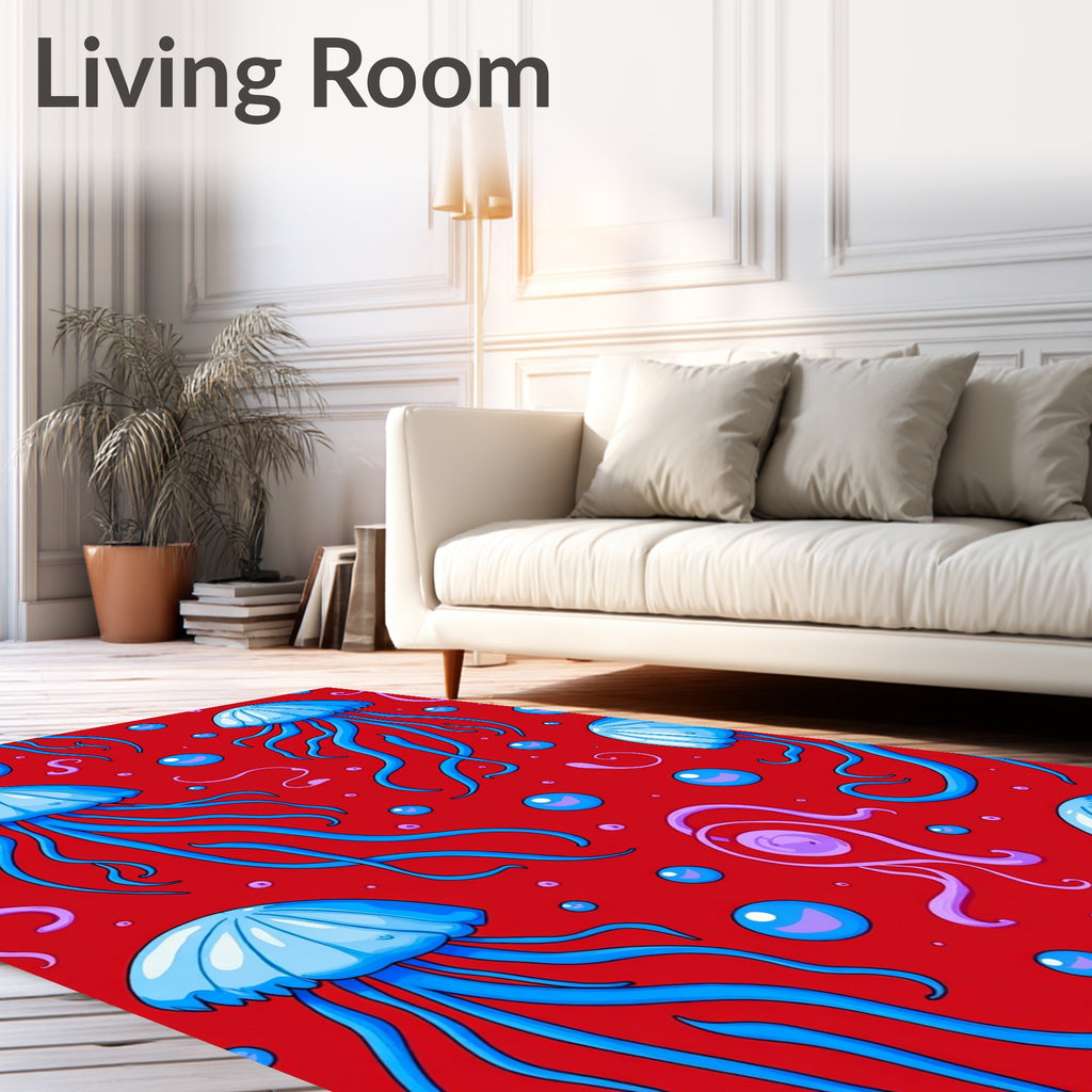 Vibrant Blue Jellyfish Swirling Red Field Rug