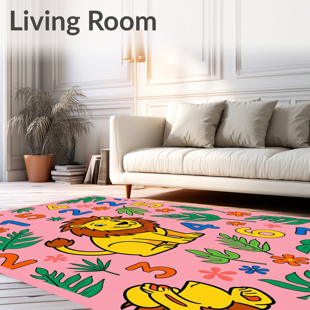 Cute Lion Jungle Numbers Pink Rug