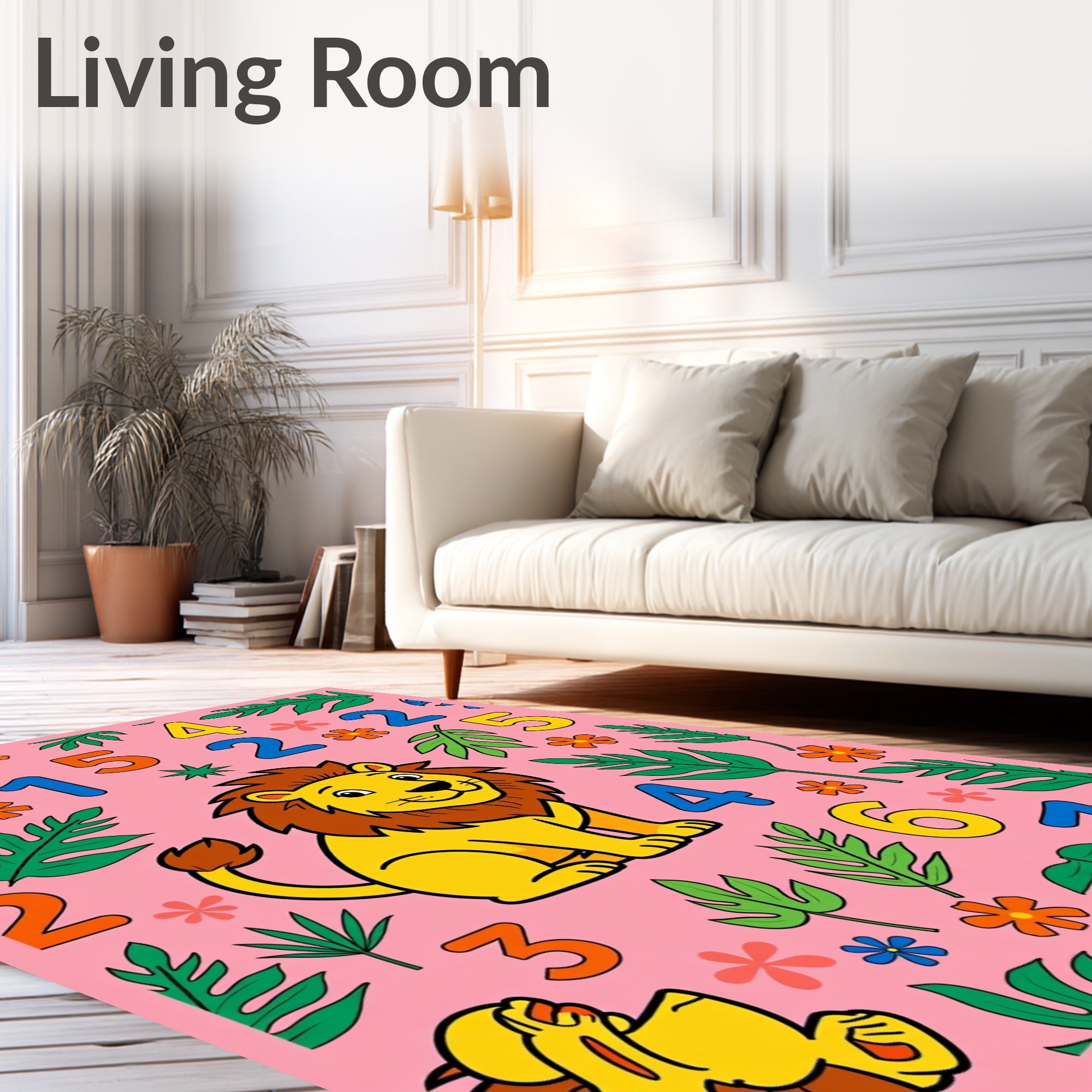 Cute Lion Jungle Numbers Pink Rug