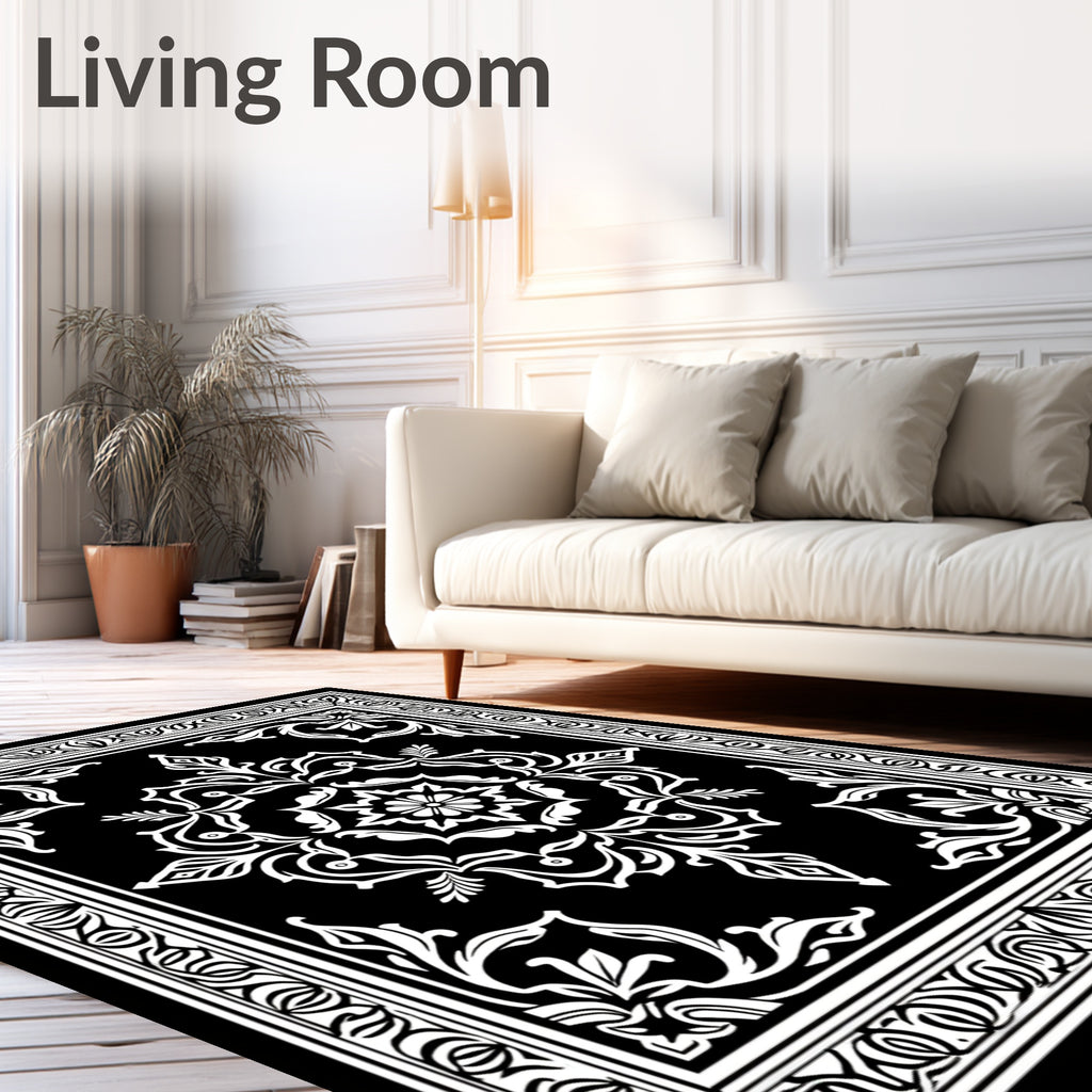 Black White Victorian Floral Medallion Rug