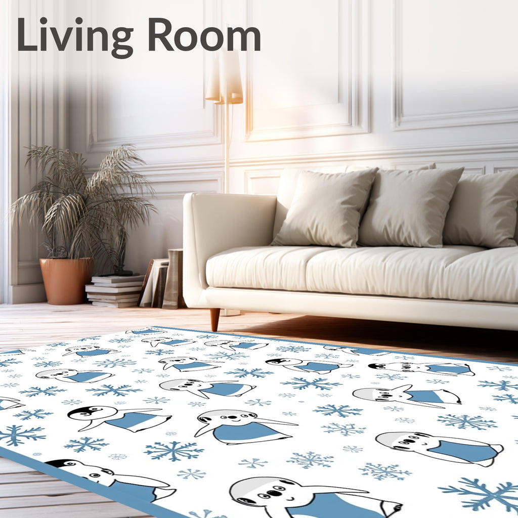 Cute Blue Penguin Snowflakes Repeat Rug