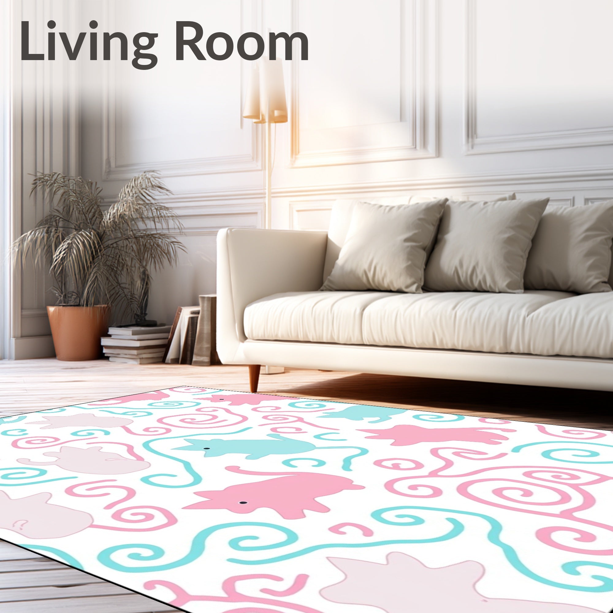 Pastel Pink Blue Whimsical Animal Swirls Rug