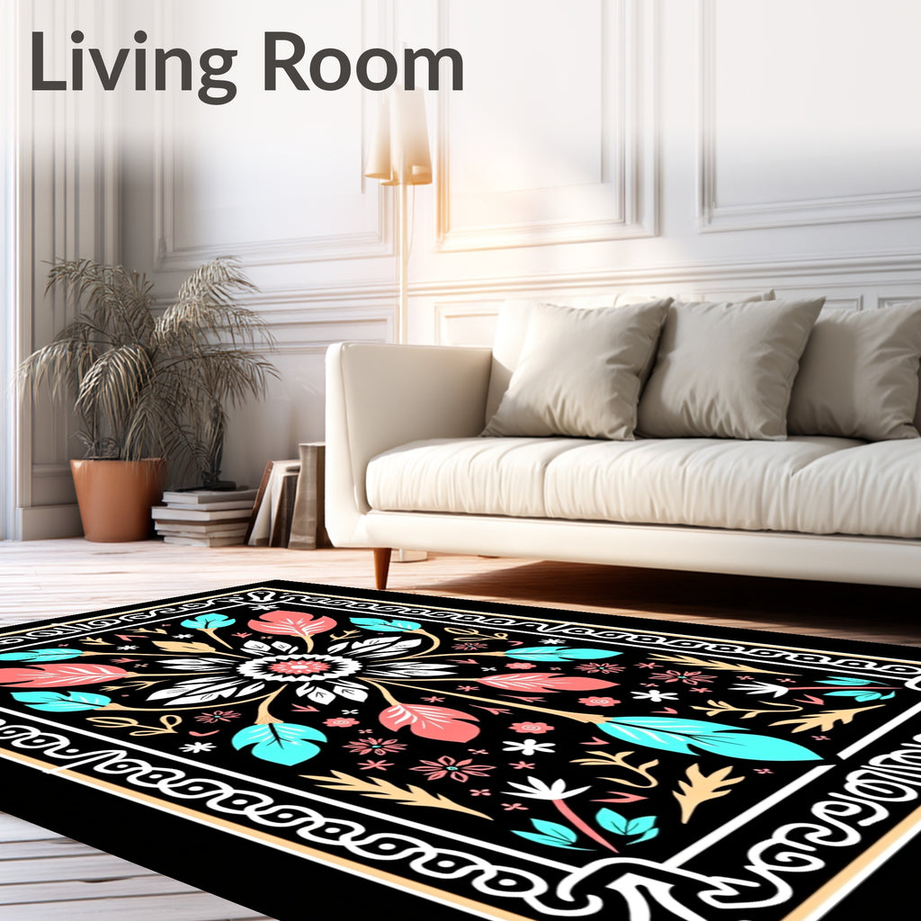 Coral Teal Floral Geometric Border Rug