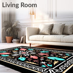Coral Teal Floral Geometric Border Rug