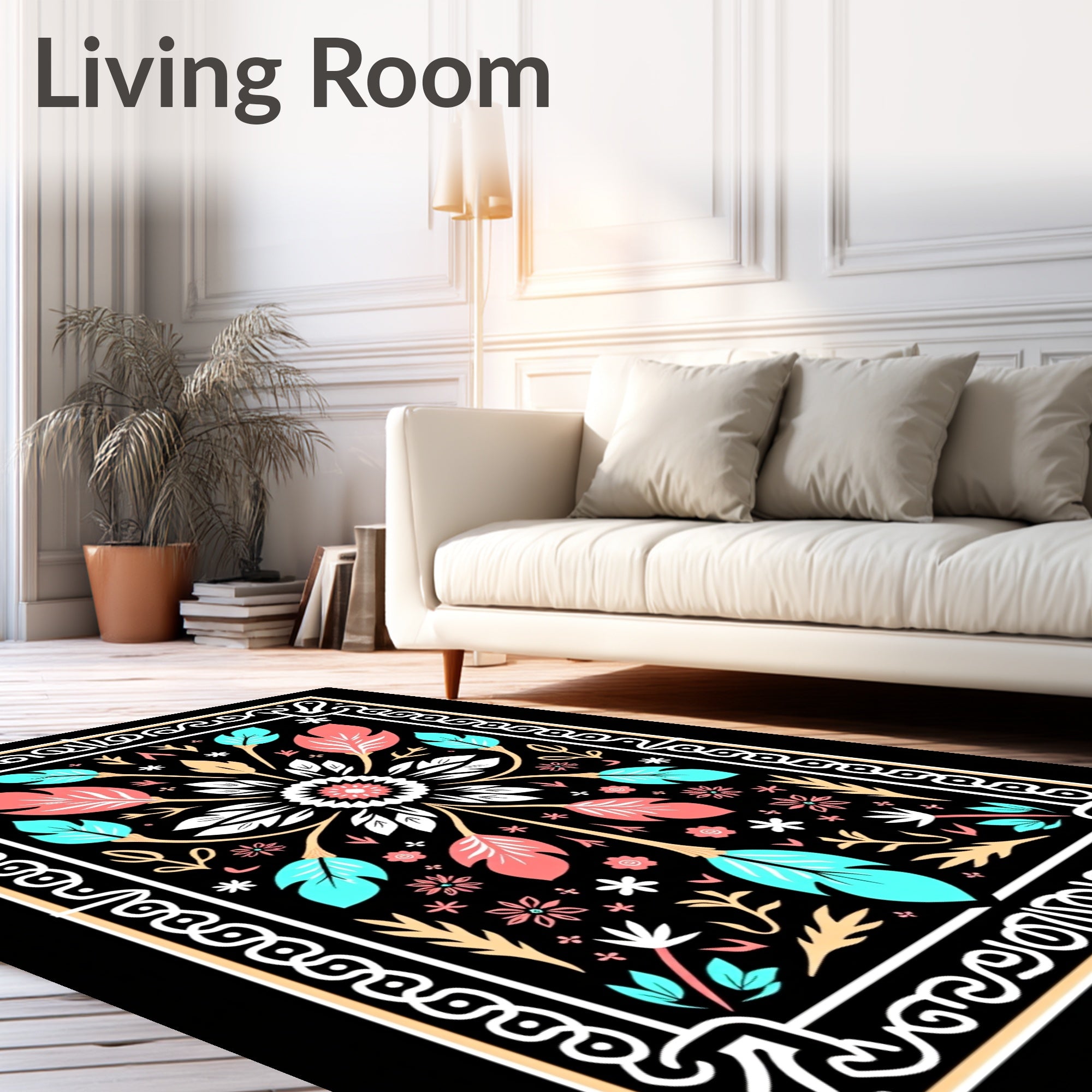 Coral Teal Floral Geometric Border Rug
