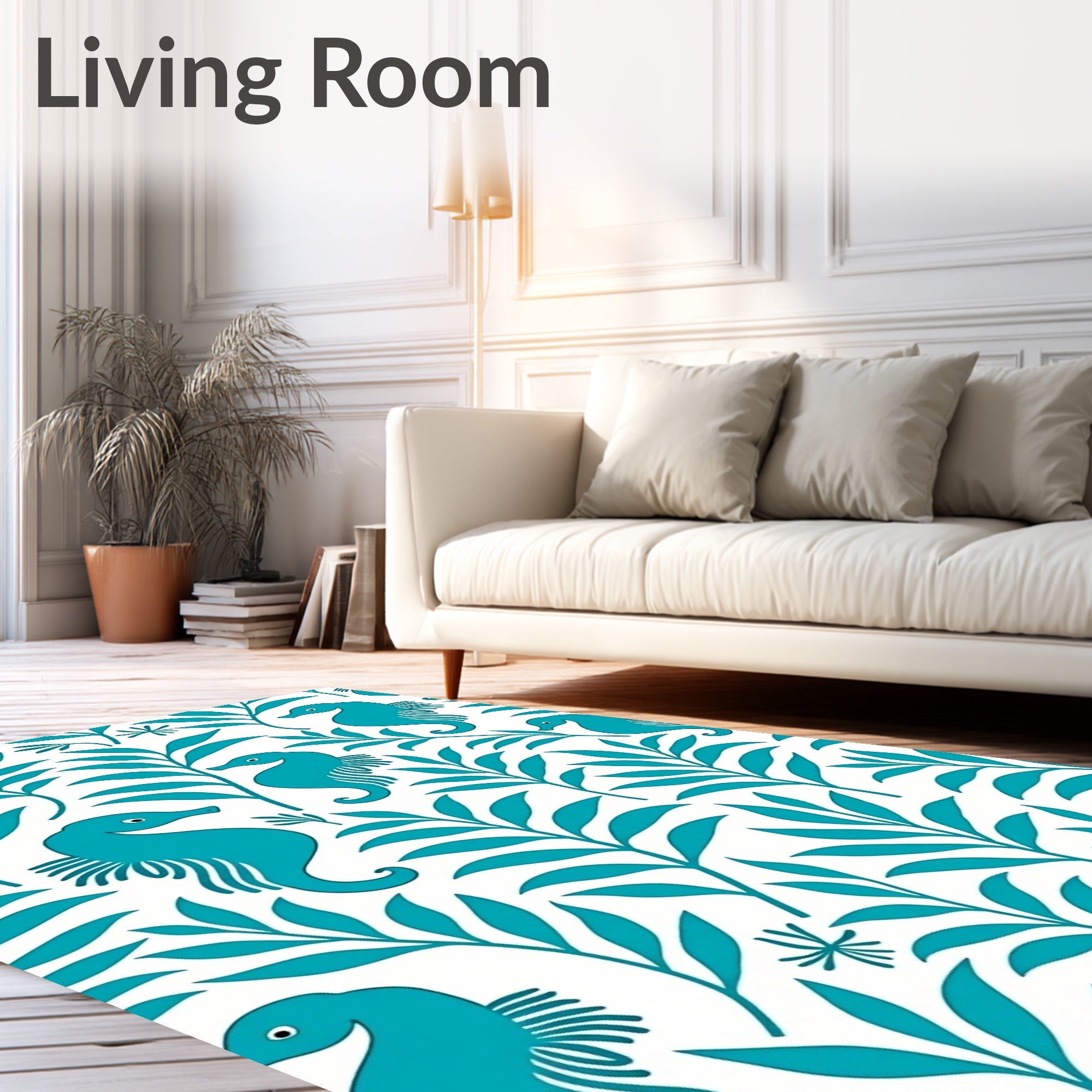 Turquoise Seahorse and Foliage Collage Rug