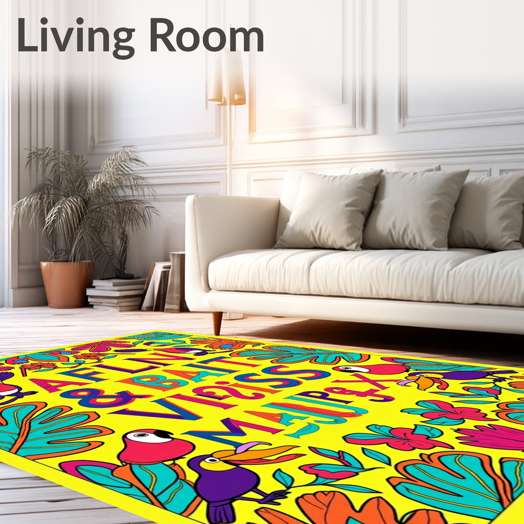 Tropical Parrot Botanical Lettering Yellow Rug