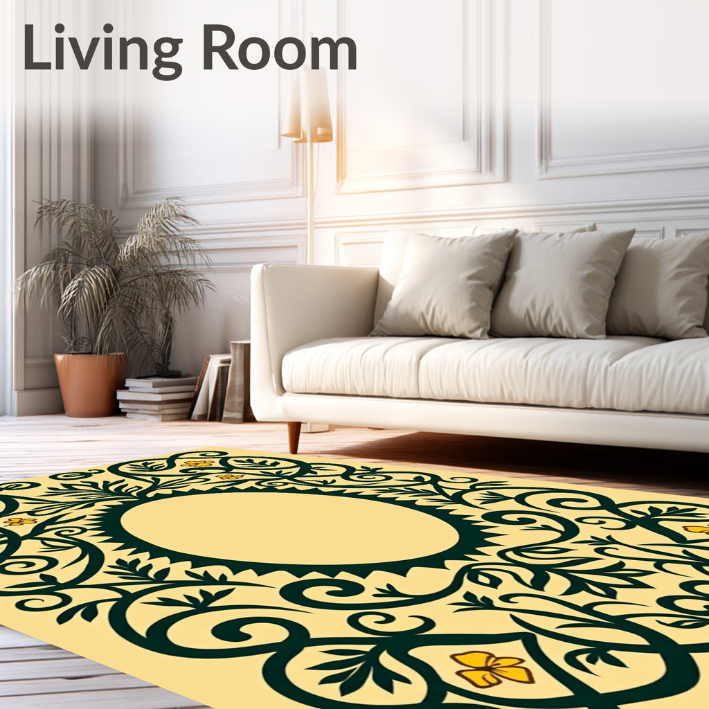 Dark Green Yellow Floral Oval Frame Rug