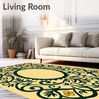 Dark Green Yellow Floral Oval Frame Rug