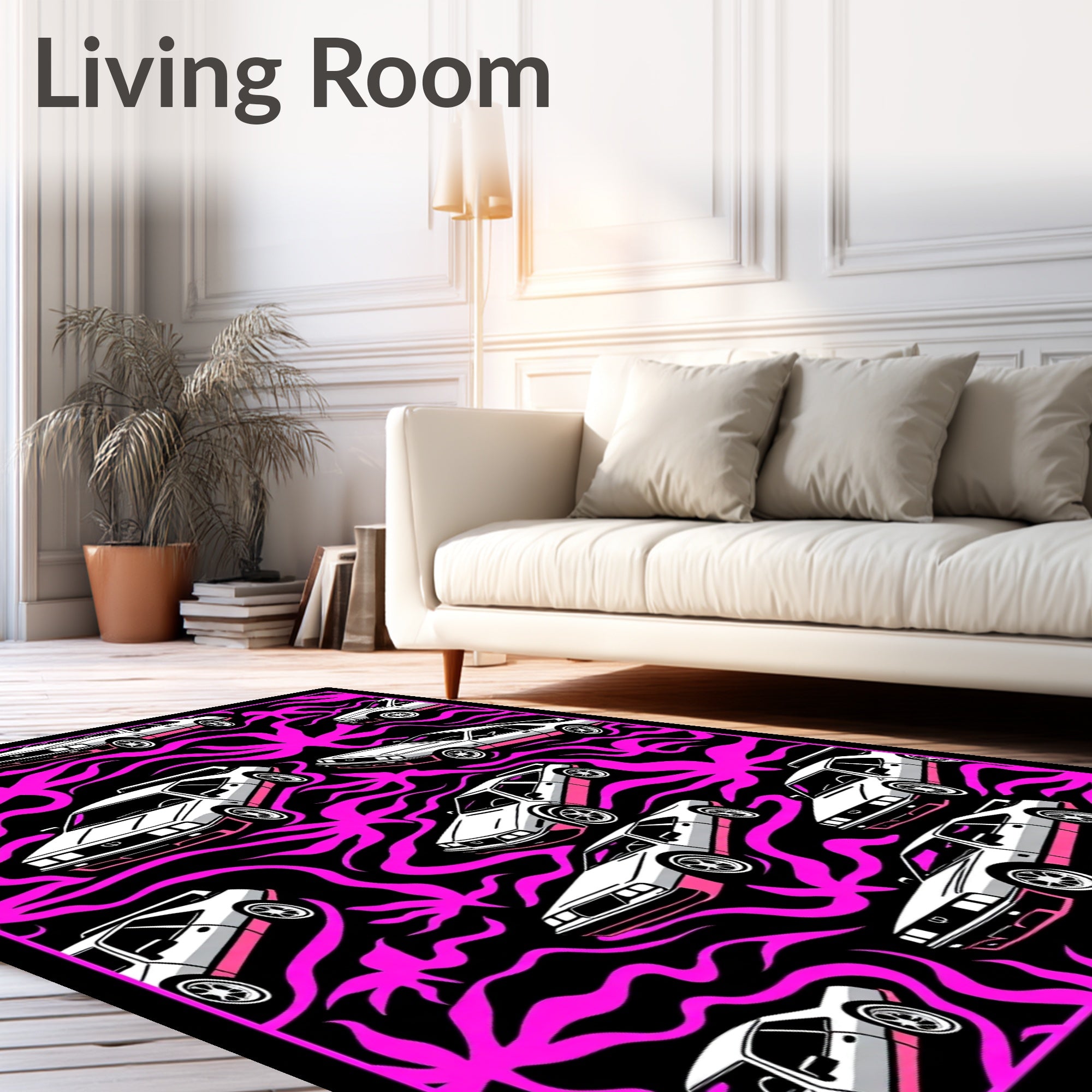 Retro White Cars Pink Swirls Rug
