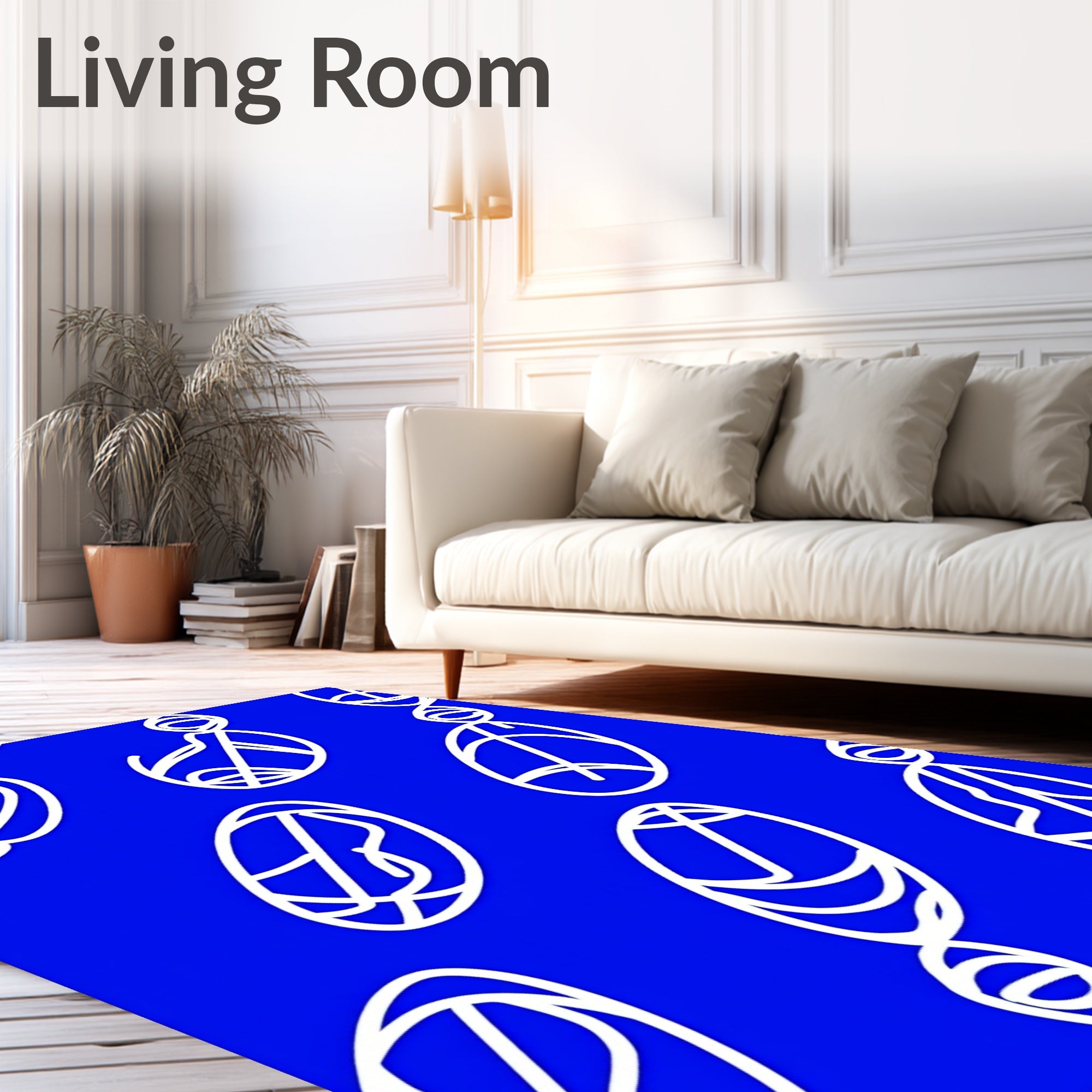 Bright Blue Whimsical Linear Figures Rug