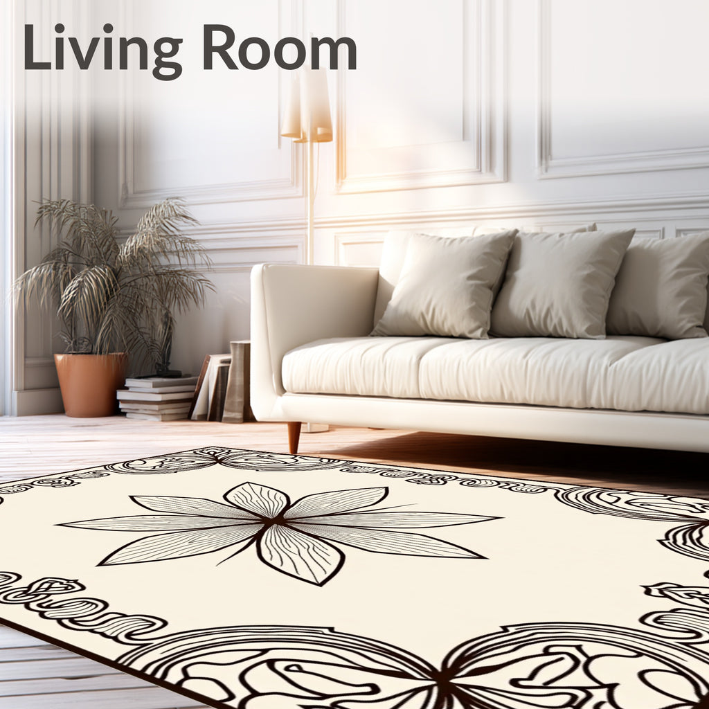 Cream and Black Floral Medallion Border Rug