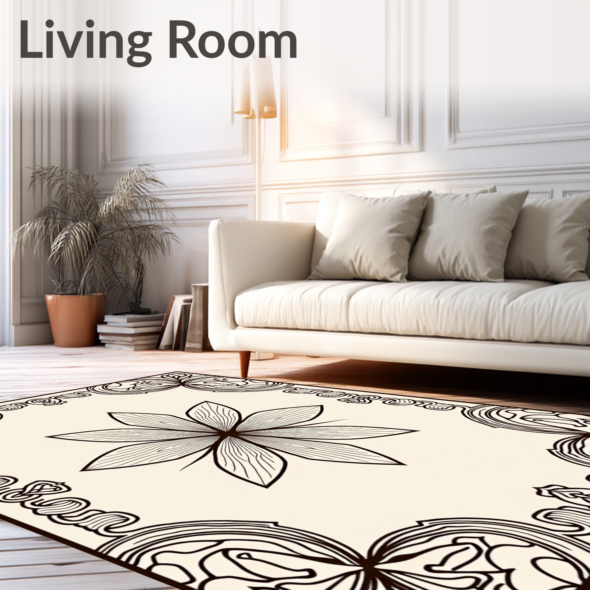 Cream and Black Floral Medallion Border Rug