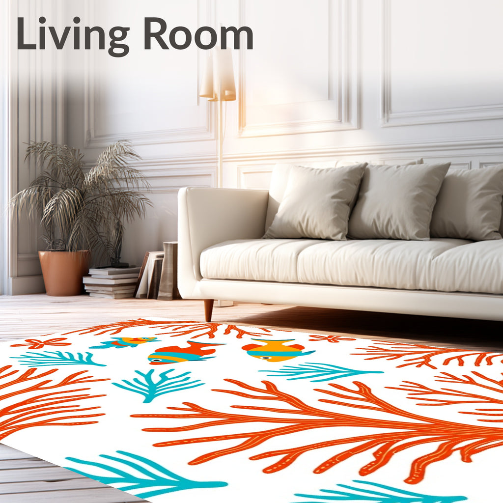 Orange Coral Blue Fish Underwater Scene Rug