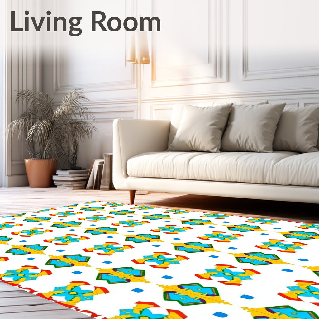 Vibrant Yellow Blue Geometric Kaleidoscope Rug