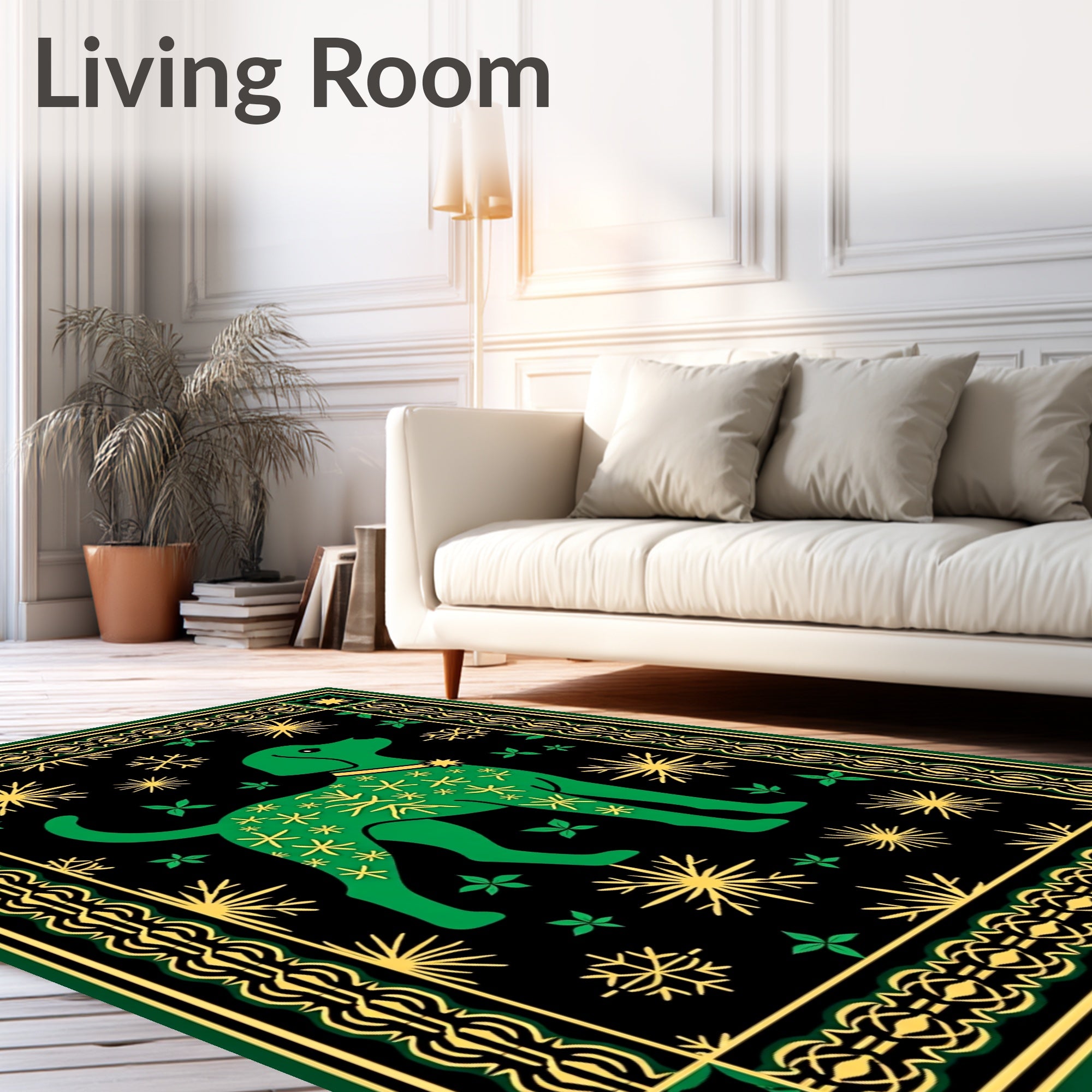 Green Dog Yellow Starburst Snowflake Border Rug
