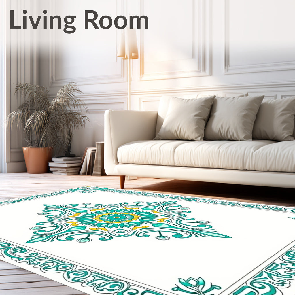 Elegant Teal Yellow Medallion Scroll Border Rug