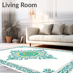 Elegant Teal Yellow Medallion Scroll Border Rug
