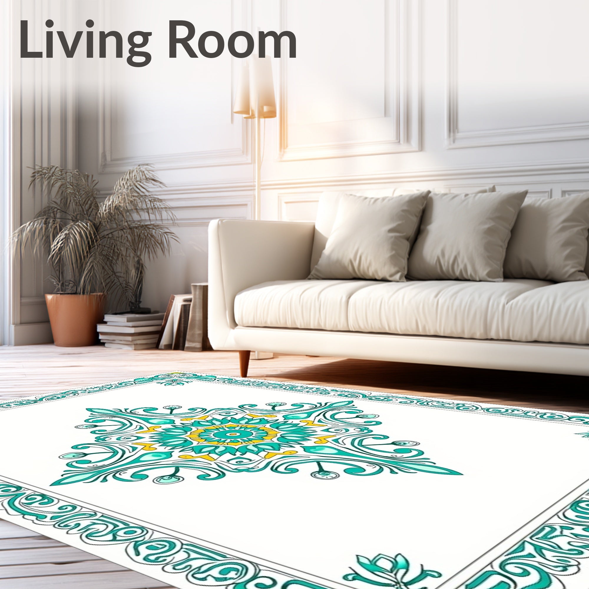Elegant Teal Yellow Medallion Scroll Border Rug