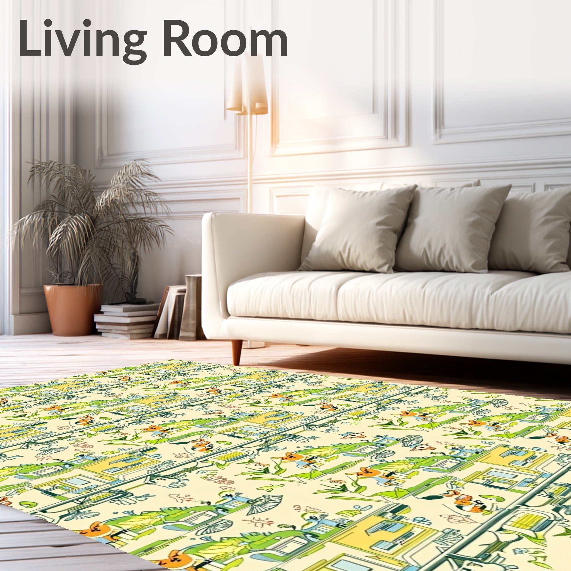 Whimsical Green Cartoon Animal Landscape Rug