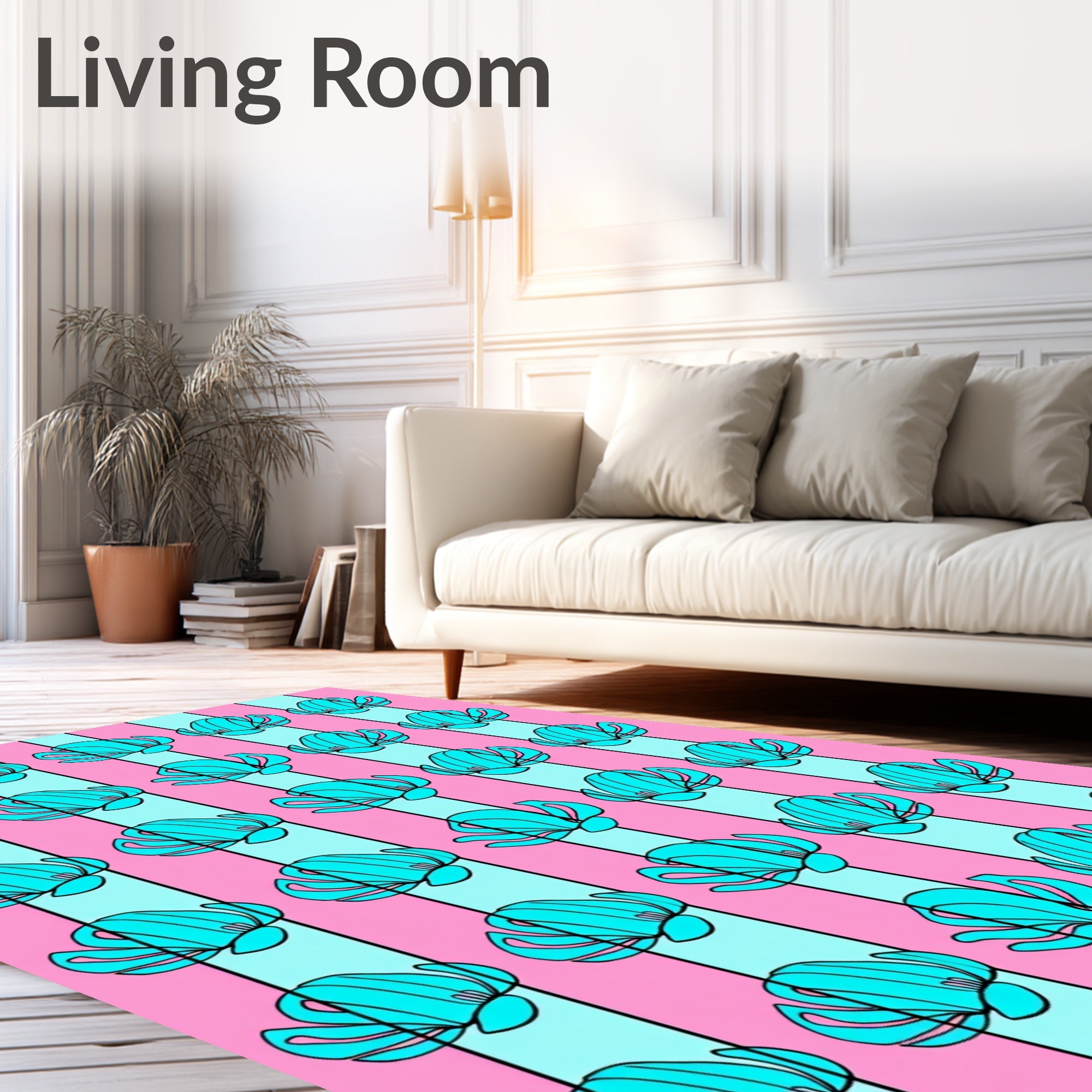 Turquoise Floral Stripes Pink Rug
