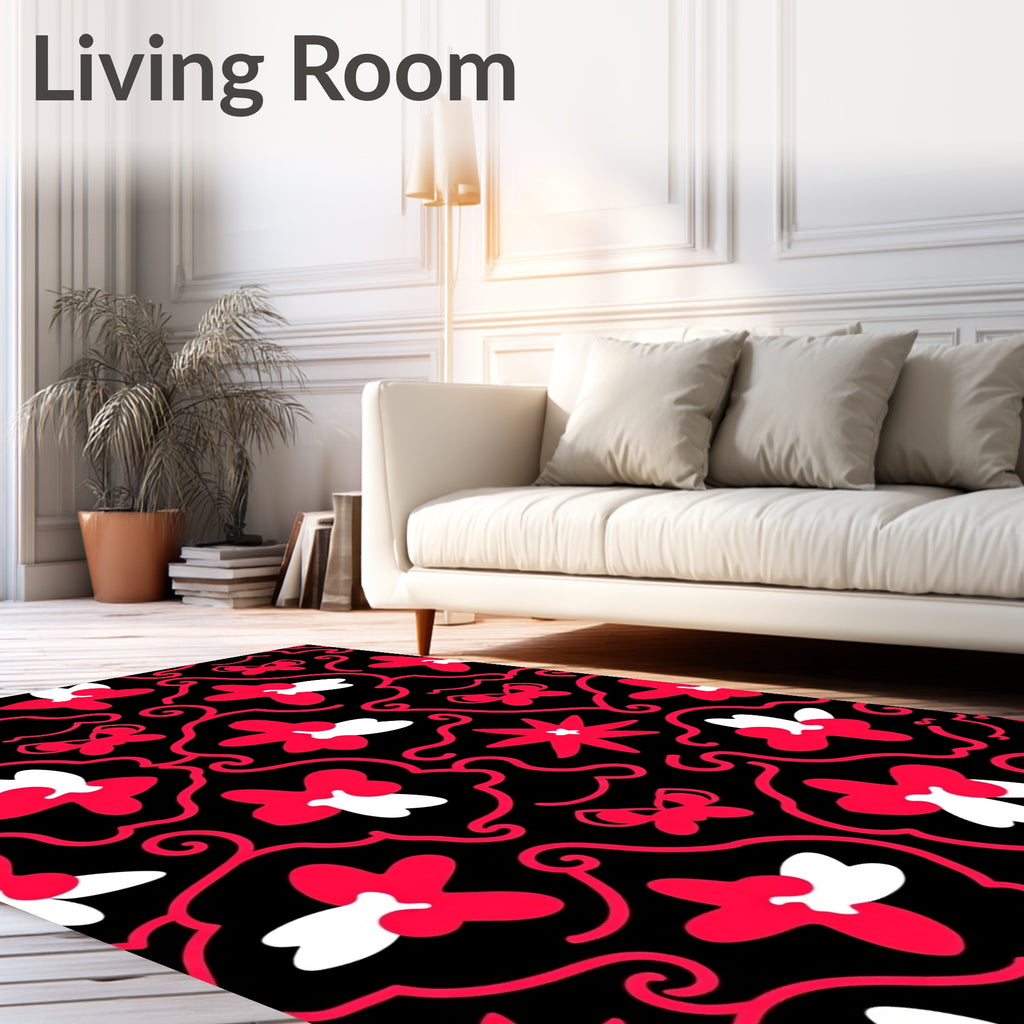 Whimsical Red Floral Butterfly Swirl Rug