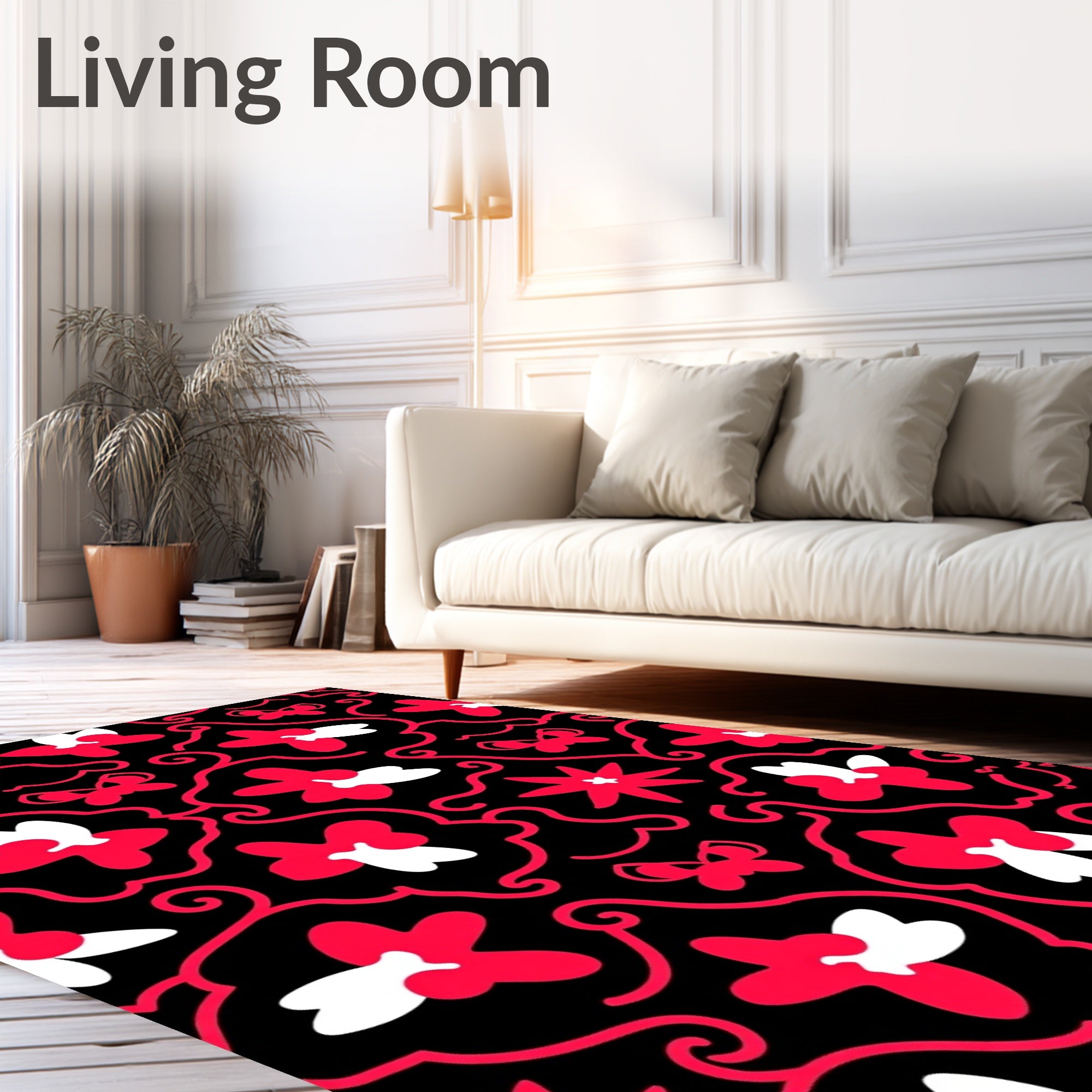 Whimsical Red Floral Butterfly Swirl Rug