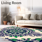 Ornate Green and Navy Floral Medallion Rug