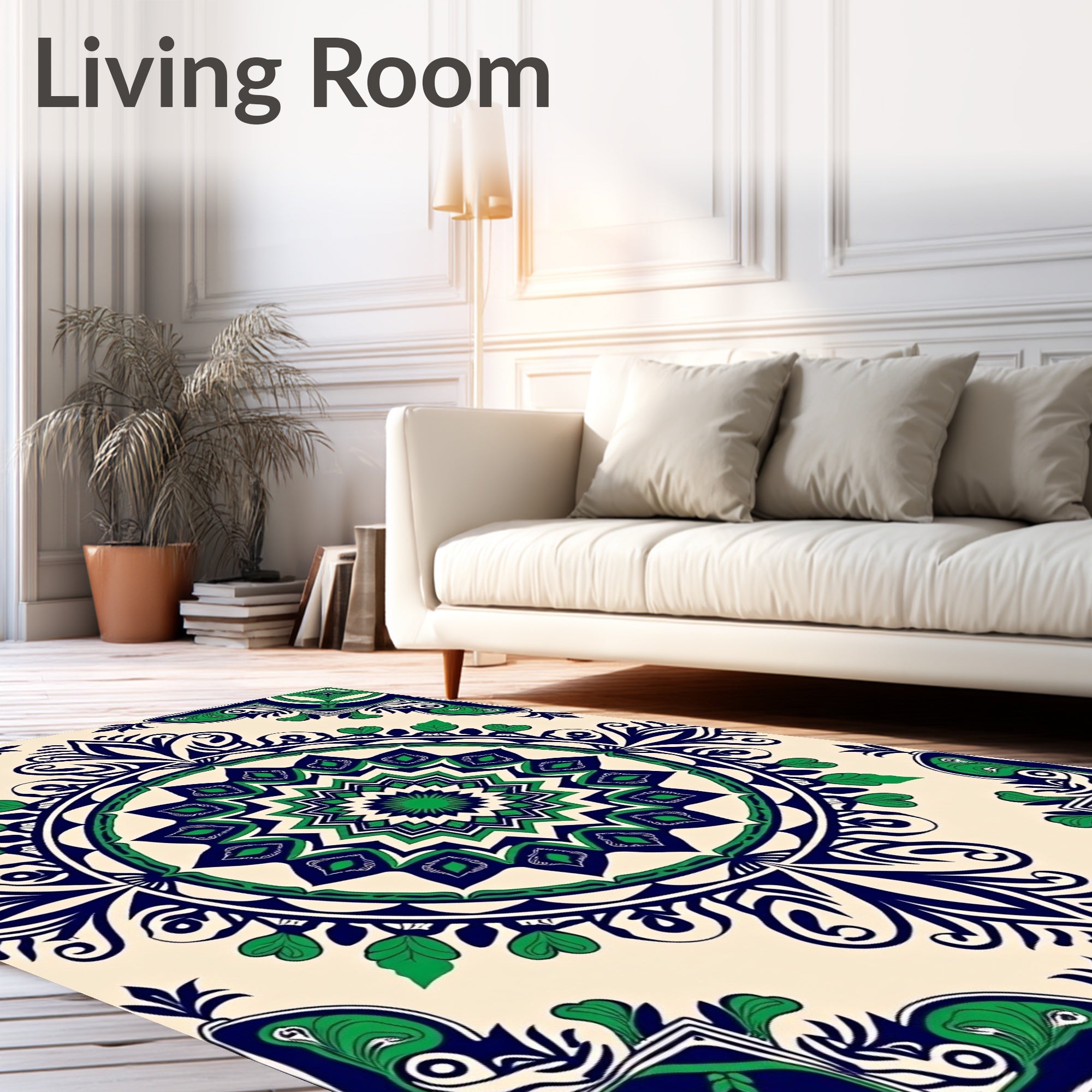 Ornate Green and Navy Floral Medallion Rug