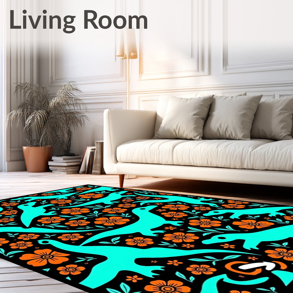 Teal Dinosaur Orange Blossom Garden Rug