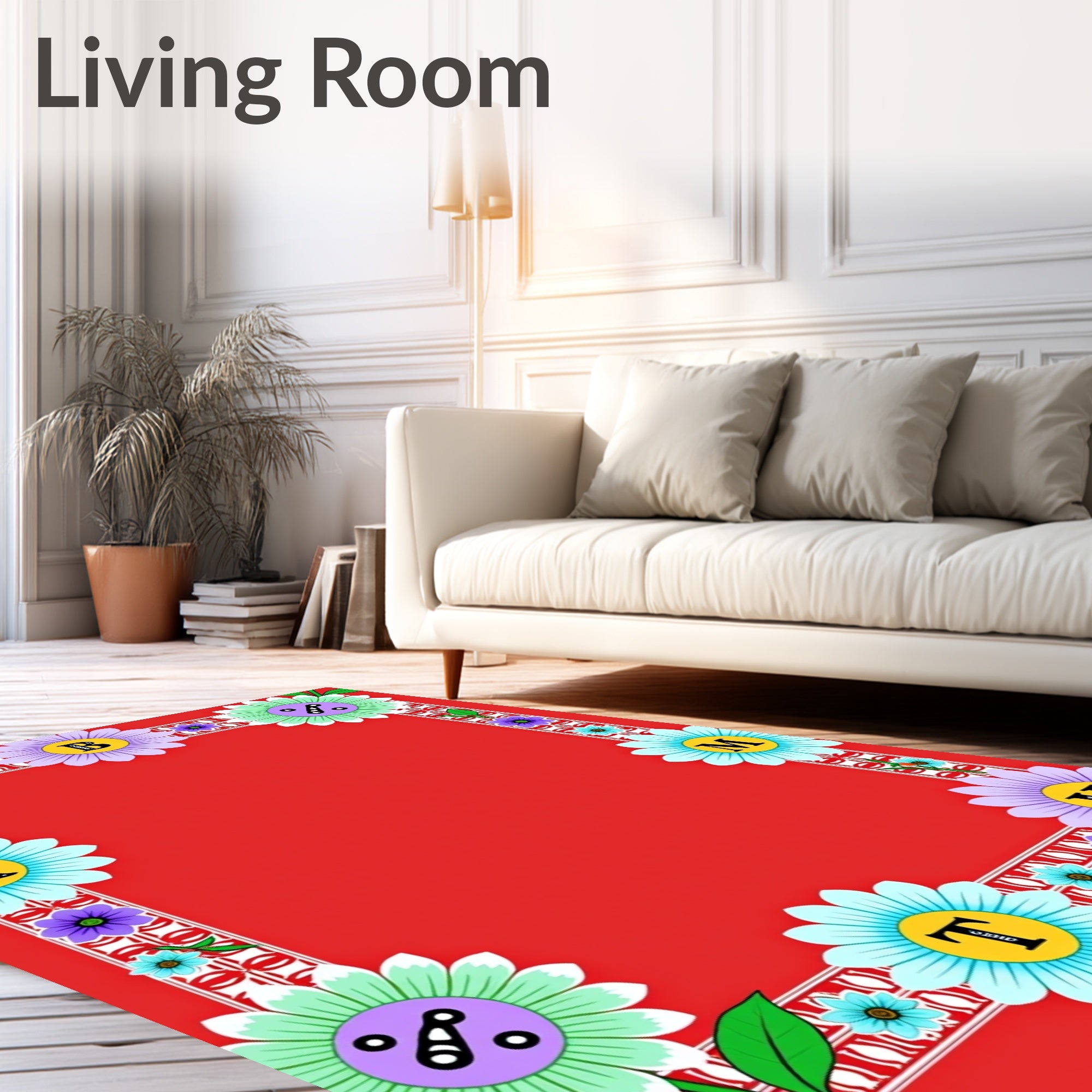 Bright Red Floral Alphabet Border Rug