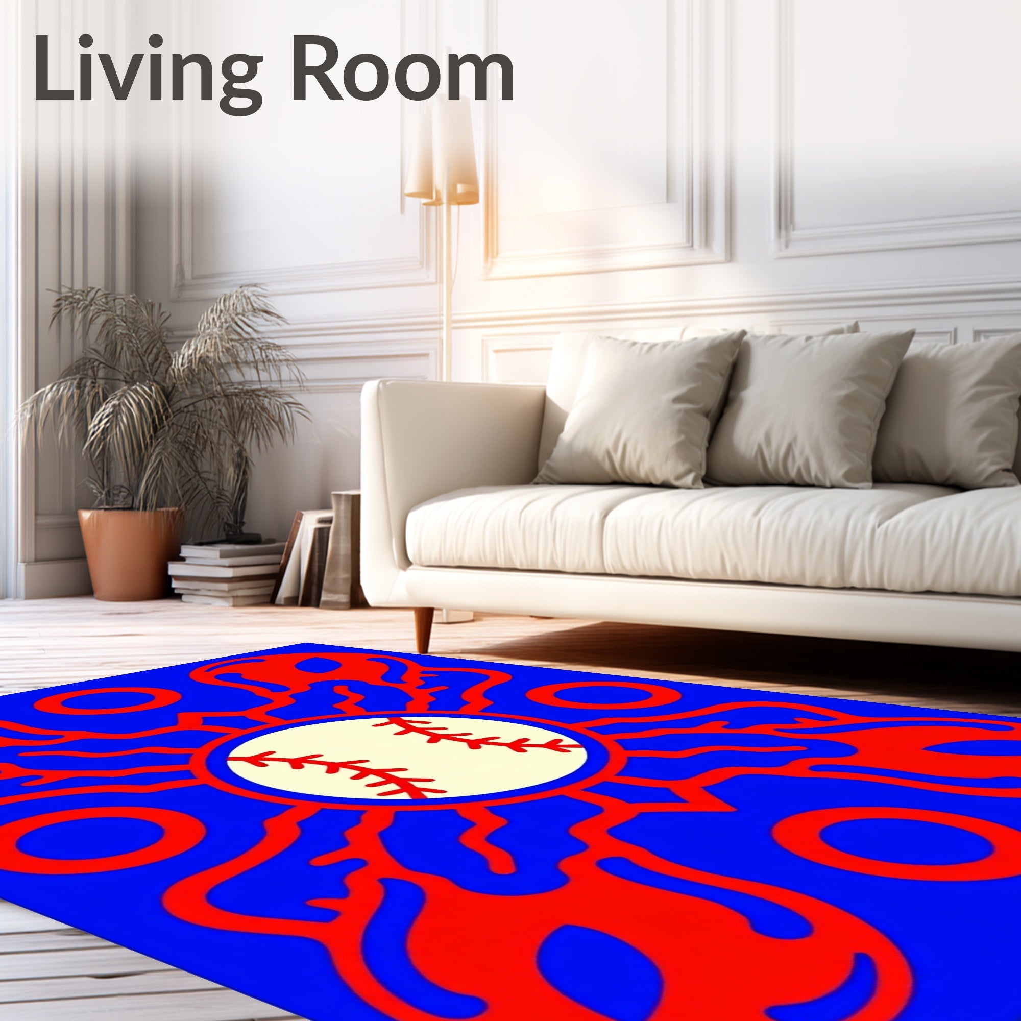 Vibrant Red Baseball Sunburst Rug