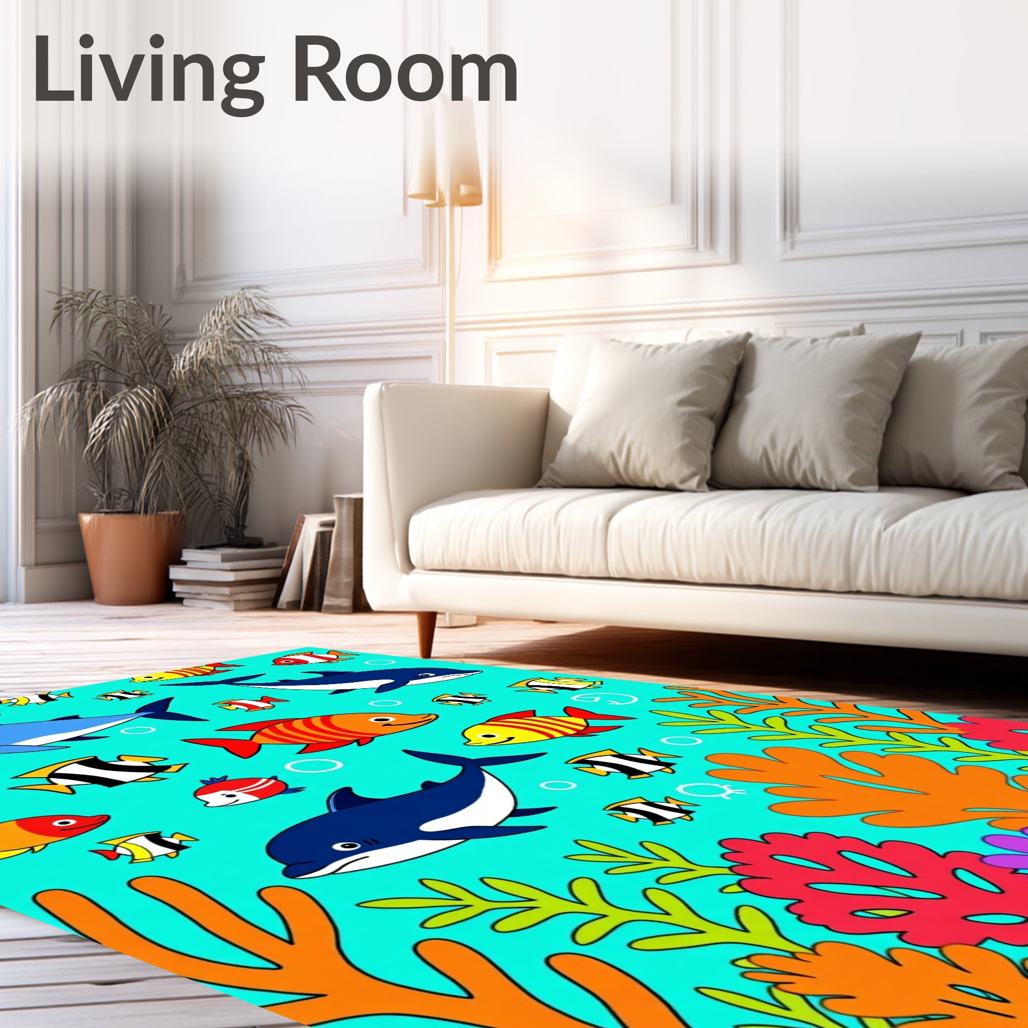 Vibrant Ocean Coral Dolphin Fish Fun Rug