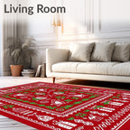 Red White Folk Art Village Border Rug
