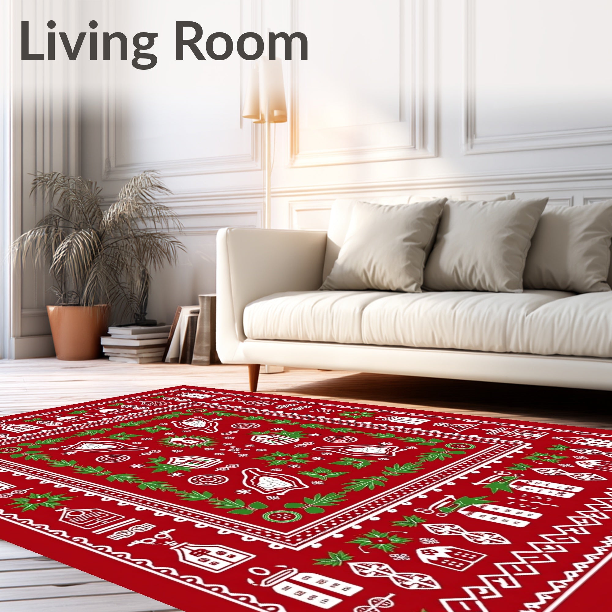 Red White Folk Art Village Border Rug