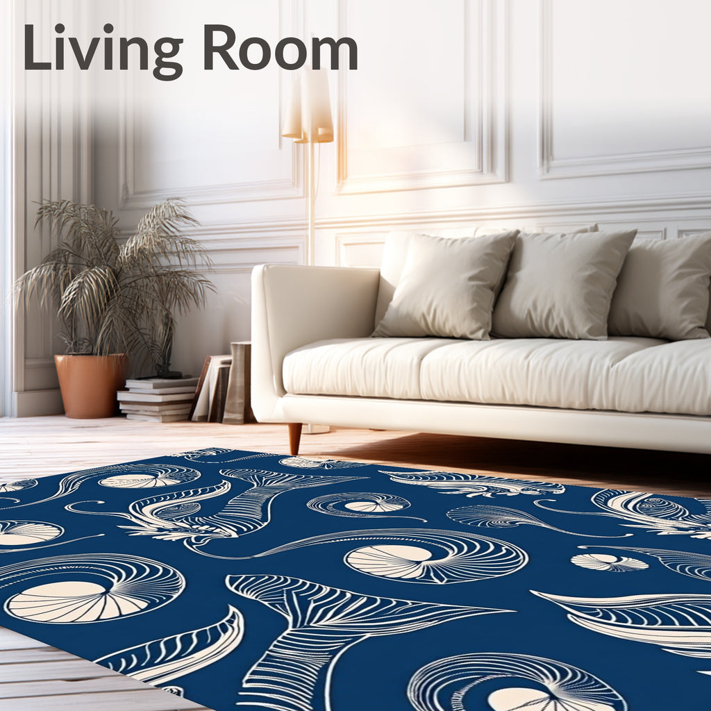 Elegant Blue Swirl Seashell Art Nouveau Rug