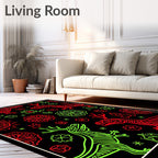 Red Green Dinosaur Floral Collage Rug
