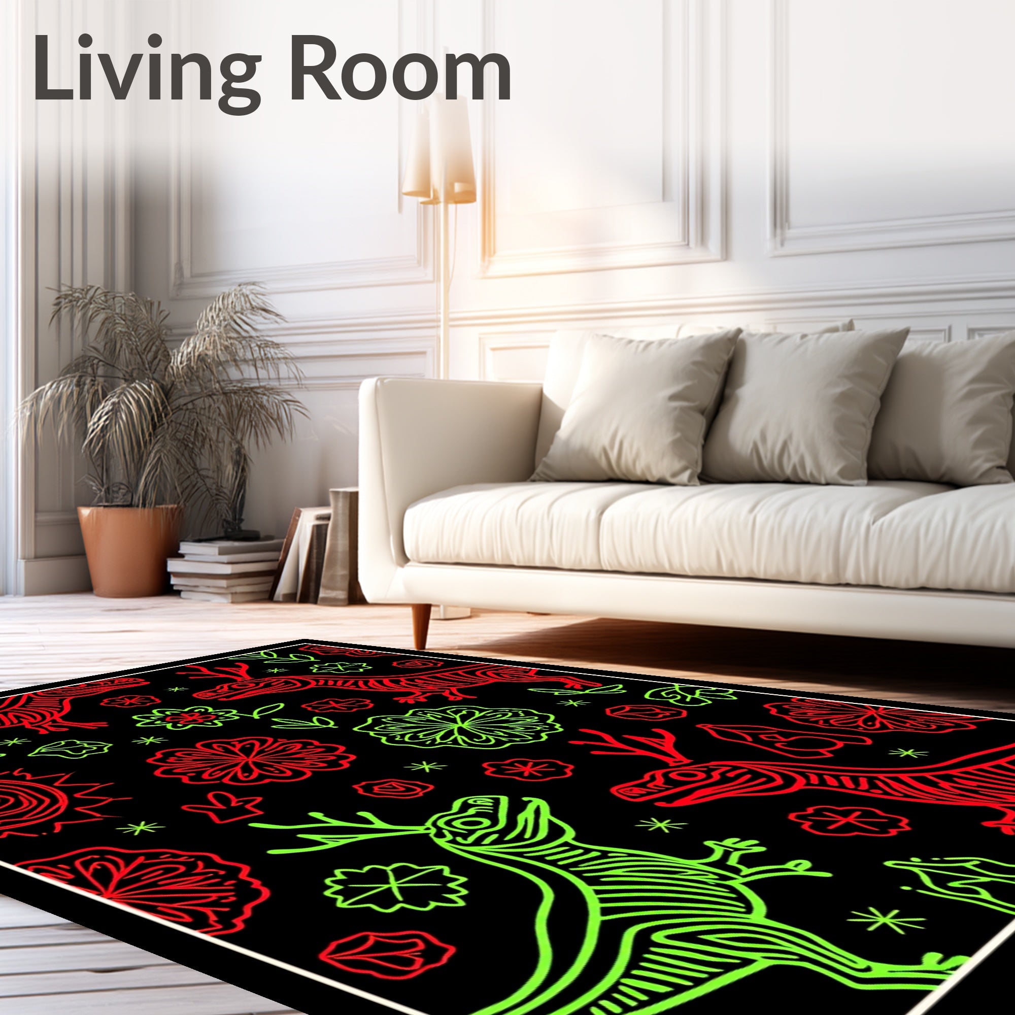 Red Green Dinosaur Floral Collage Rug